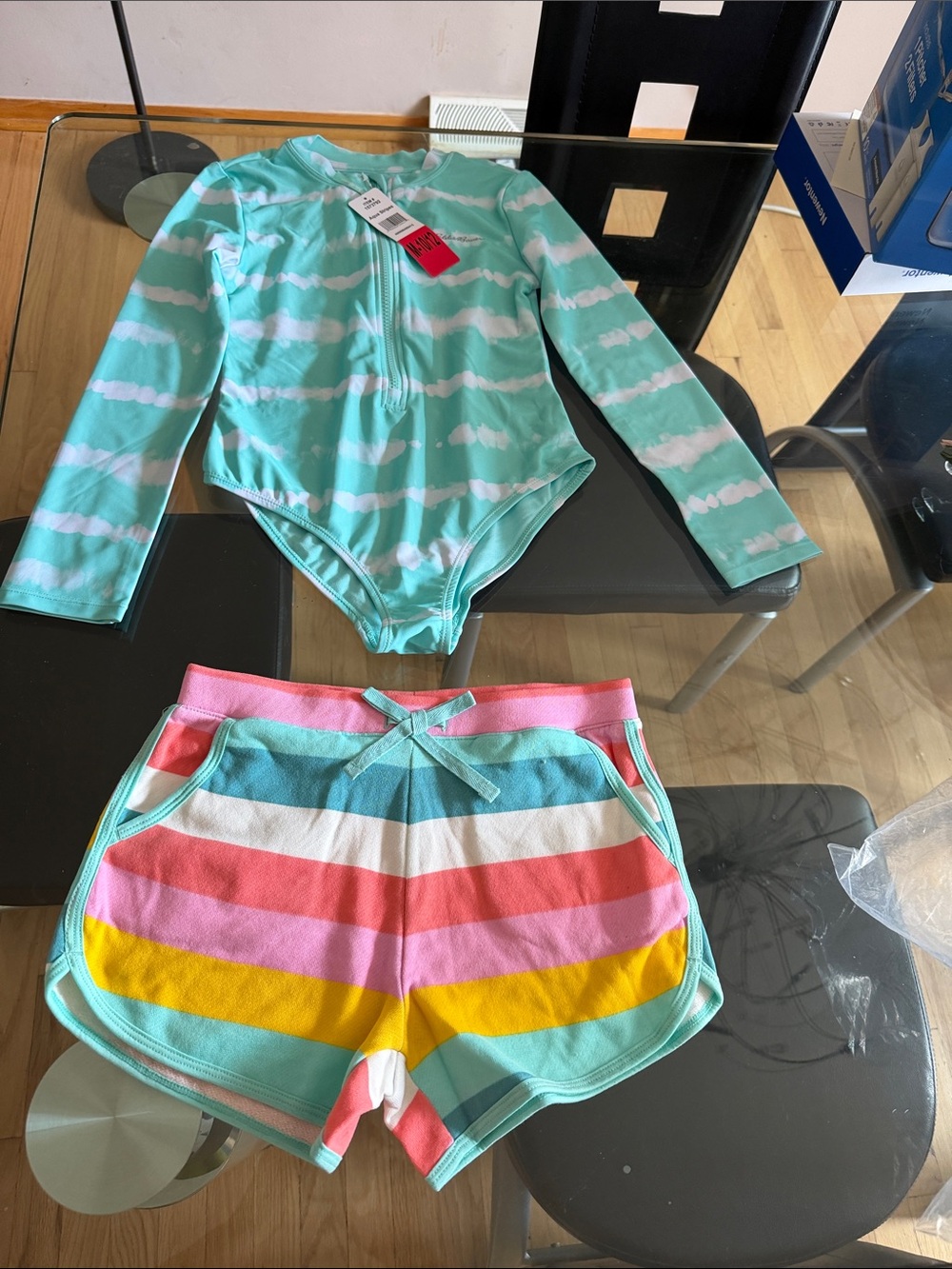 Girls' Teal Striped Long-Sleeve Rash Guard & Colorful Stripe Swim Shorts Set